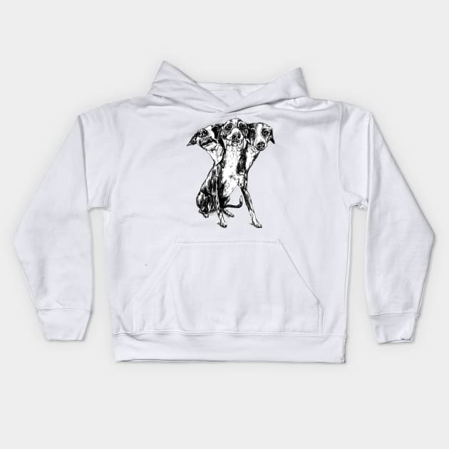 Three Headed Greyhound Cerberus Dog Kids Hoodie by Tasmin Bassett Art